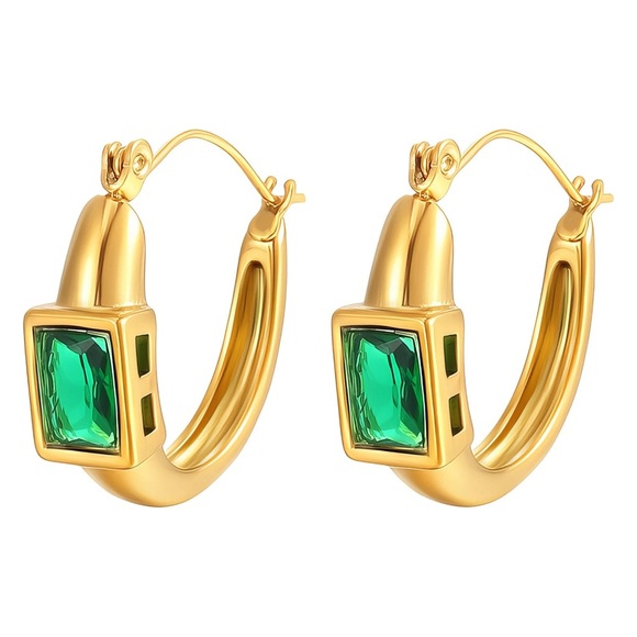 Anointed Beauty Boutique Jewelry - Gold Hoop Earrings with Emerald Green Stone